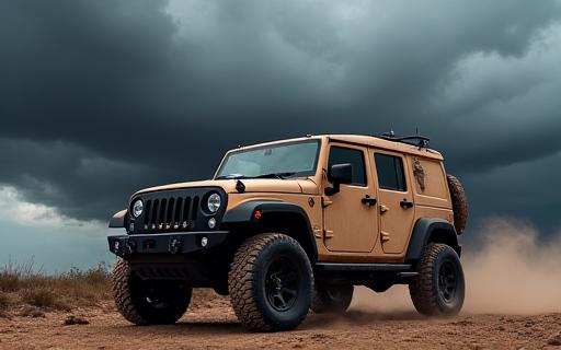 Kenderaan lasak Awan Studio dengan latar belakang langit ribut yang gelap.