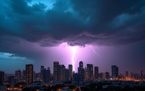 Selang masa pembangunan ribut petir di latar langit bandar.