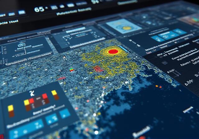 Antara muka perisian kompleks yang menunjukkan data cuaca berlapis pada peta.